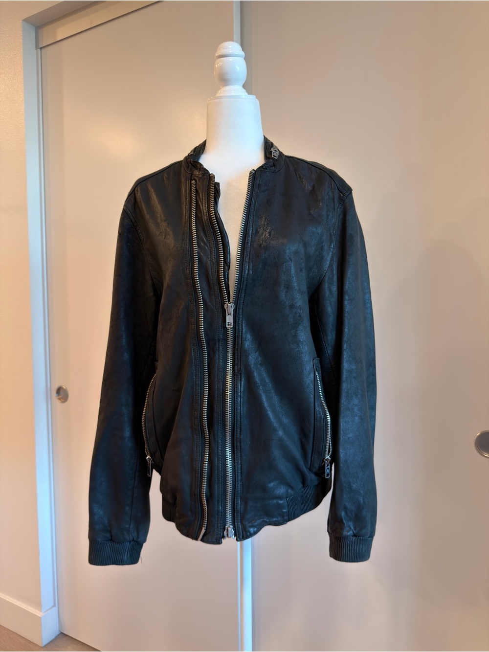 ALL SAINTS Men's Black Classic Leather Bomber Jacket